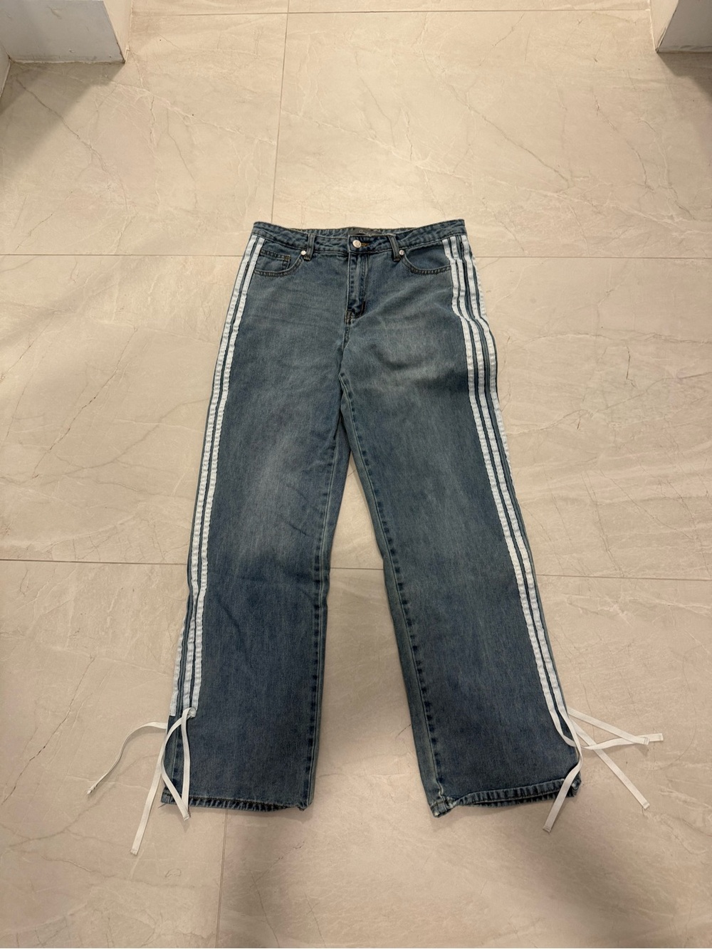 Straight-Leg Blue Denim Jeans with White Side Stripes